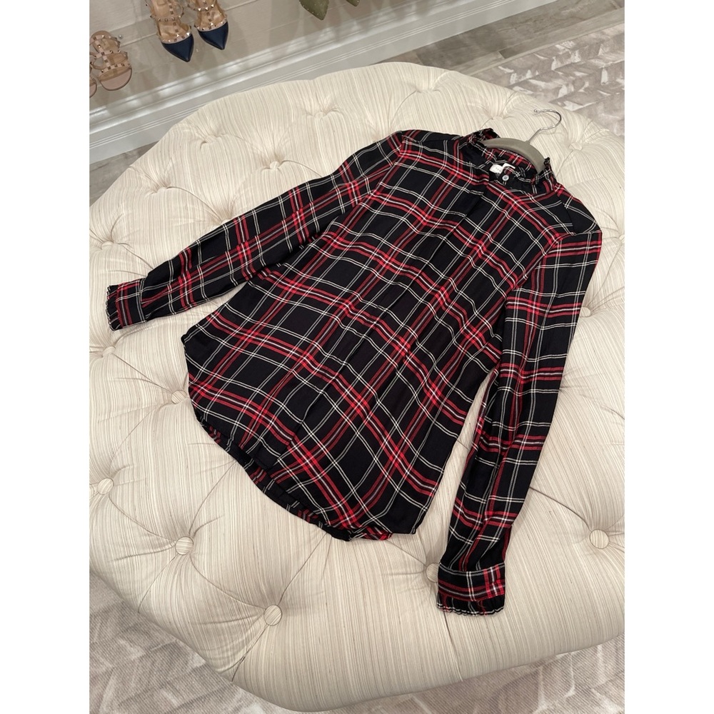 Loft Plaid Rayon Blouse with Covered Buttons and Ruffle Neck Detail